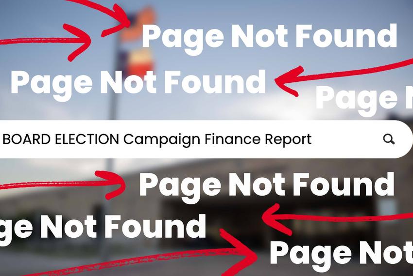 A photo illustration shows a web search box with “BOARD ELECTION Campaign Finance Report” and “Page Not Found” over a photo of a Texas school building.